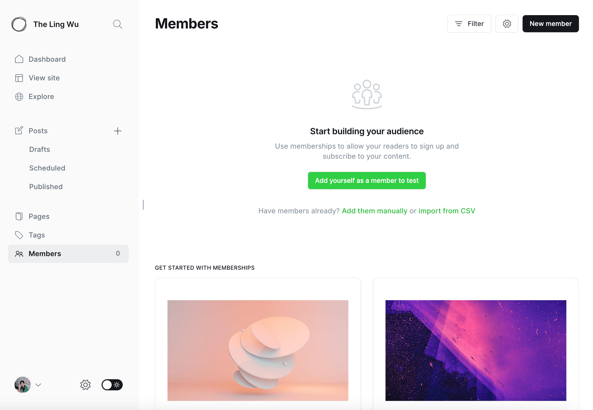Screenshot of Ghost.io open source dashboard